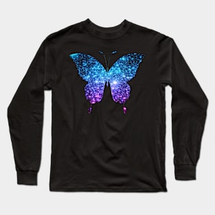 Teal and Purple Ombre Faux Glitter Butterfly Long Sleeve T-Shirt